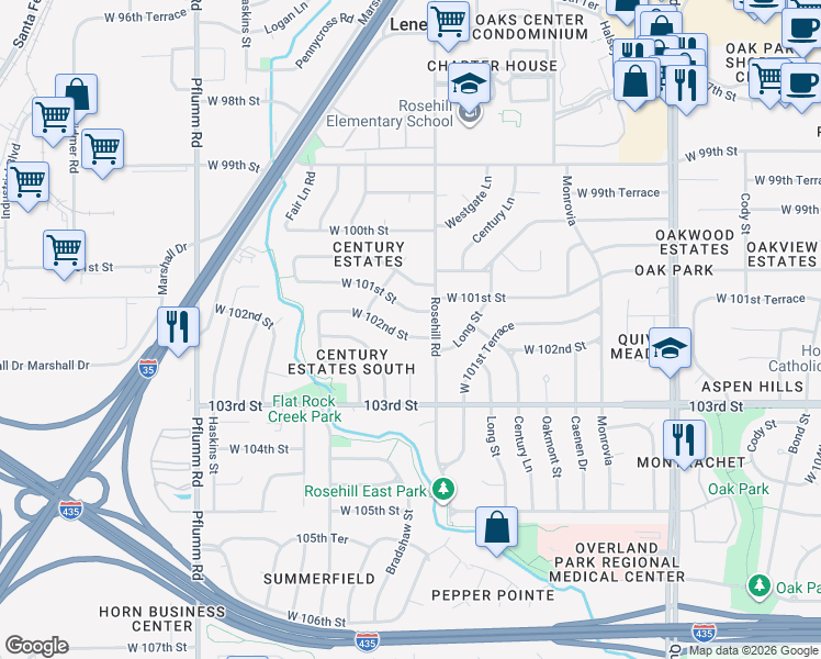 map of restaurants, bars, coffee shops, grocery stores, and more near 12902 West 102nd Street in Lenexa