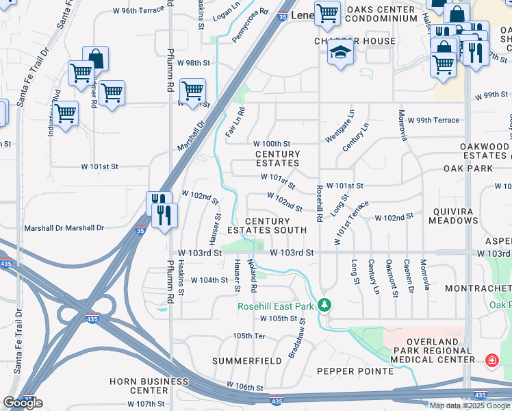 map of restaurants, bars, coffee shops, grocery stores, and more near 13032 West 102nd Terrace in Lenexa
