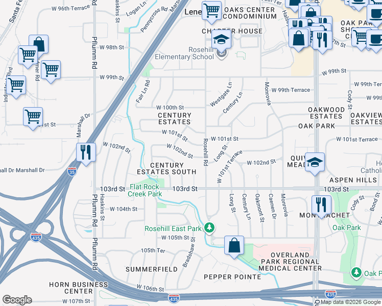 map of restaurants, bars, coffee shops, grocery stores, and more near 12902 West 102nd Street in Lenexa