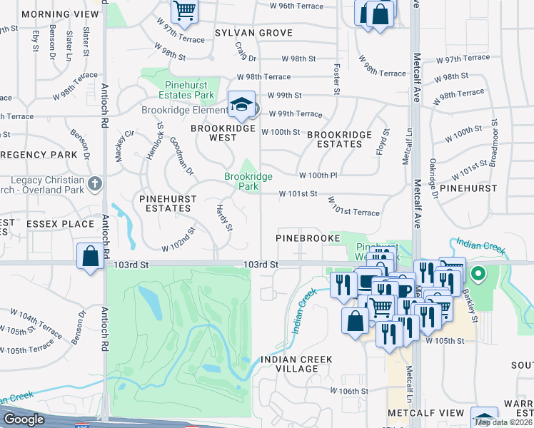 map of restaurants, bars, coffee shops, grocery stores, and more near 10115 Lowell Avenue in Overland Park