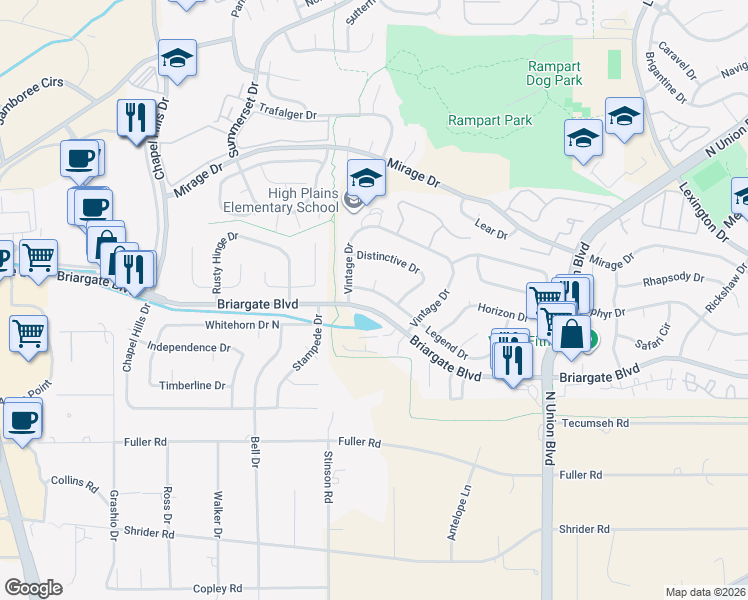 map of restaurants, bars, coffee shops, grocery stores, and more near 2323 Legend Drive in Colorado Springs