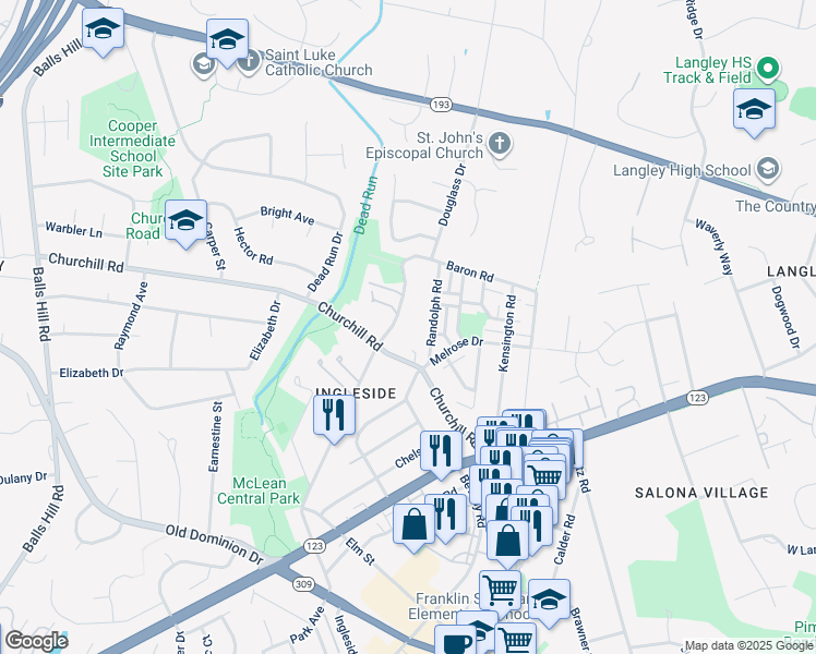 map of restaurants, bars, coffee shops, grocery stores, and more near 1113 Ingleside Avenue in McLean