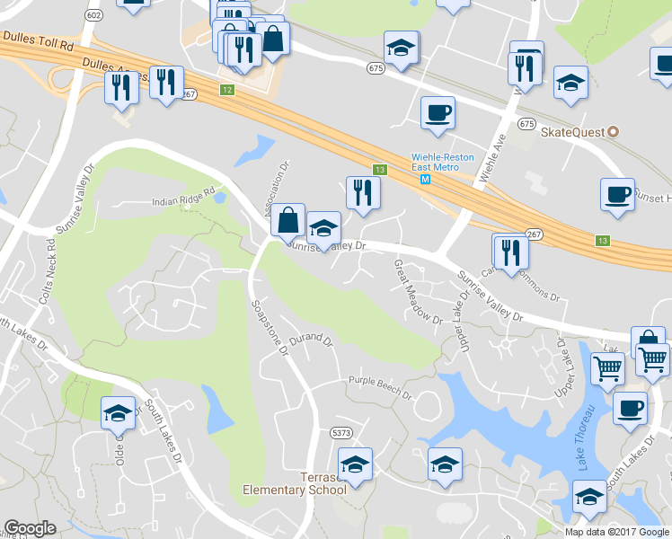 map of restaurants, bars, coffee shops, grocery stores, and more near 2027 Approach Lane in Reston