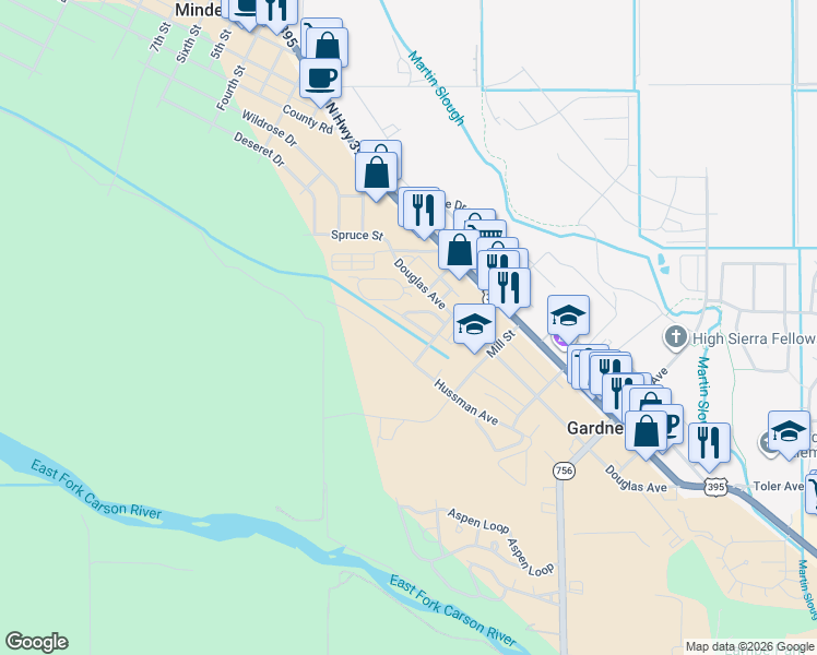 map of restaurants, bars, coffee shops, grocery stores, and more near 1506 Mill Creek Way in Gardnerville