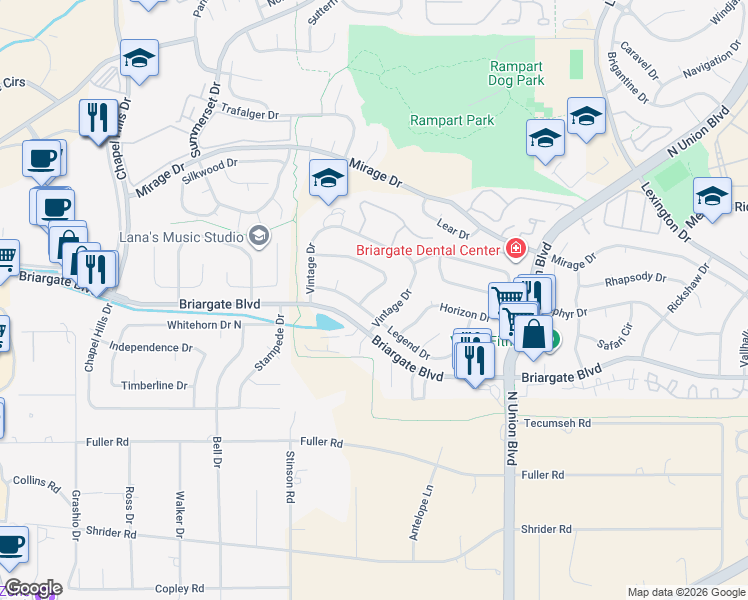 map of restaurants, bars, coffee shops, grocery stores, and more near 2374 Distinctive Drive in Colorado Springs