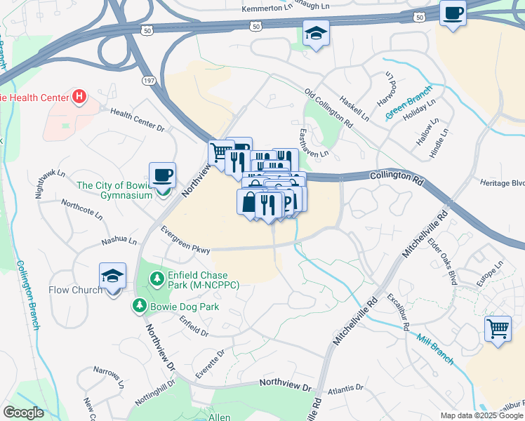 map of restaurants, bars, coffee shops, grocery stores, and more near 15606 Emerald Way in Bowie