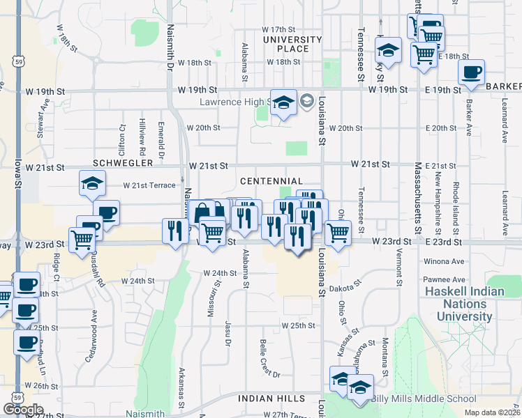map of restaurants, bars, coffee shops, grocery stores, and more near 831 West 22nd Street in Lawrence