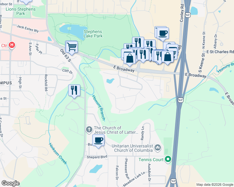 map of restaurants, bars, coffee shops, grocery stores, and more near 36 Broadway Village Drive in Columbia