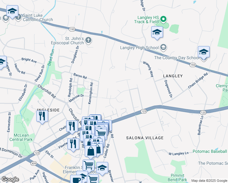 map of restaurants, bars, coffee shops, grocery stores, and more near 1124 Ormond Court in McLean