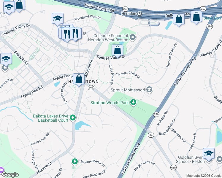map of restaurants, bars, coffee shops, grocery stores, and more near 12805 Old Club Lane in Reston