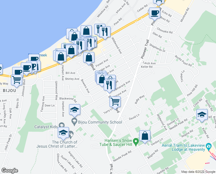 map of restaurants, bars, coffee shops, grocery stores, and more near 3660 Birch Avenue in South Lake Tahoe