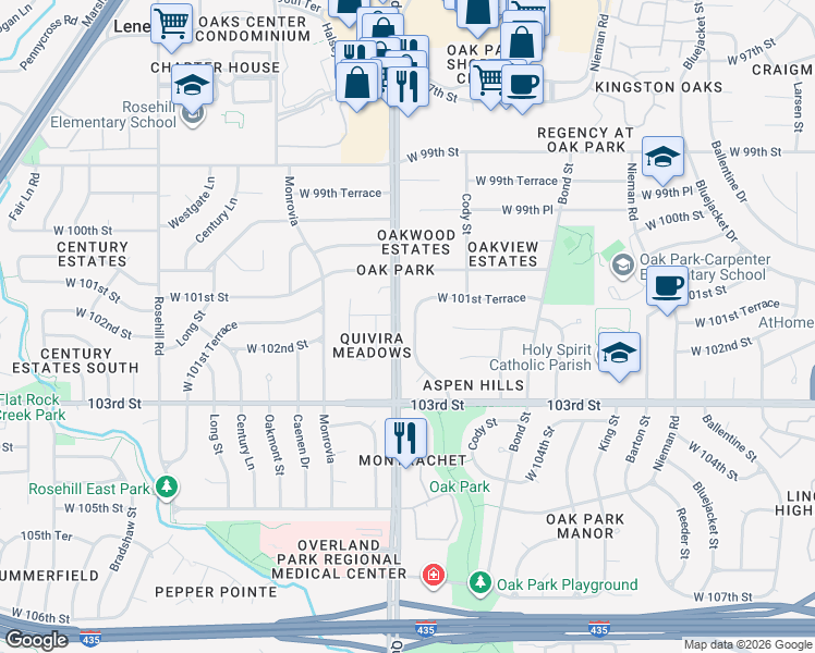 map of restaurants, bars, coffee shops, grocery stores, and more near 10200 Garnett Street in Overland Park