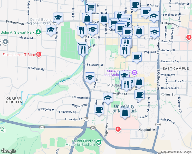 map of restaurants, bars, coffee shops, grocery stores, and more near 601 South 5th Street in Columbia