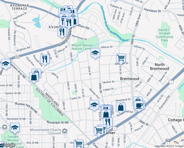 map of restaurants, bars, coffee shops, grocery stores, and more near 3203 Varnum Street in Mount Rainier