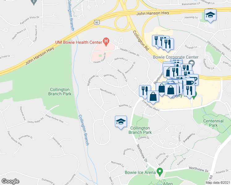 map of restaurants, bars, coffee shops, grocery stores, and more near 15014 Northcote Ln in Bowie