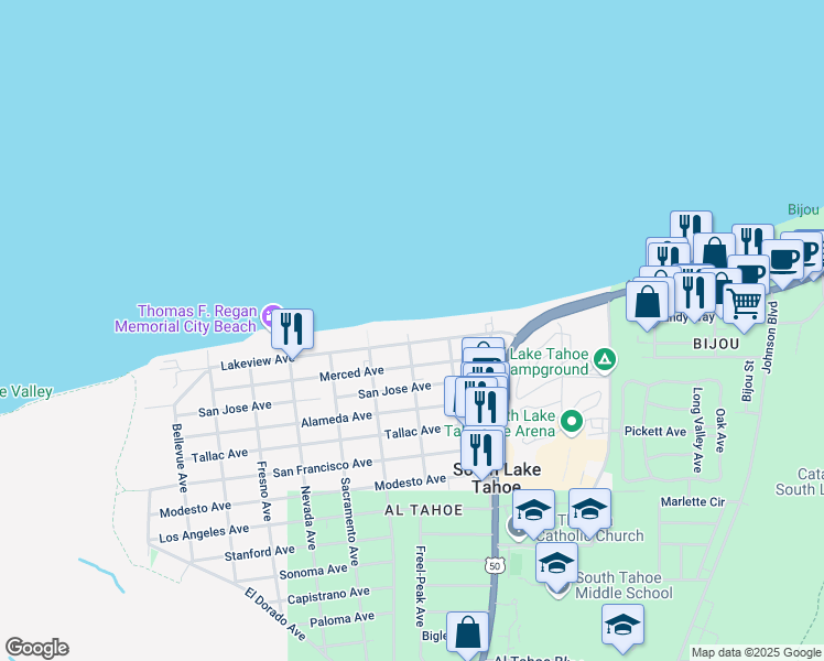 map of restaurants, bars, coffee shops, grocery stores, and more near 3192 Pasadena Avenue in South Lake Tahoe