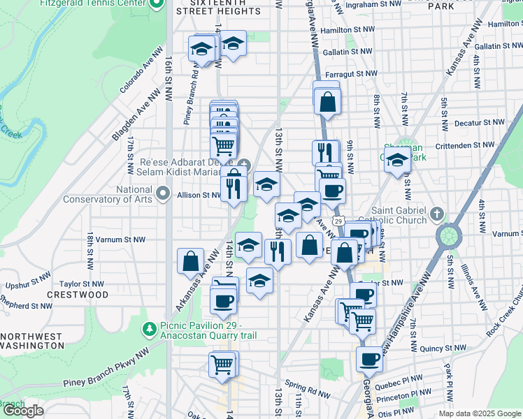 map of restaurants, bars, coffee shops, grocery stores, and more near 1300 Allison Street Northwest in Washington