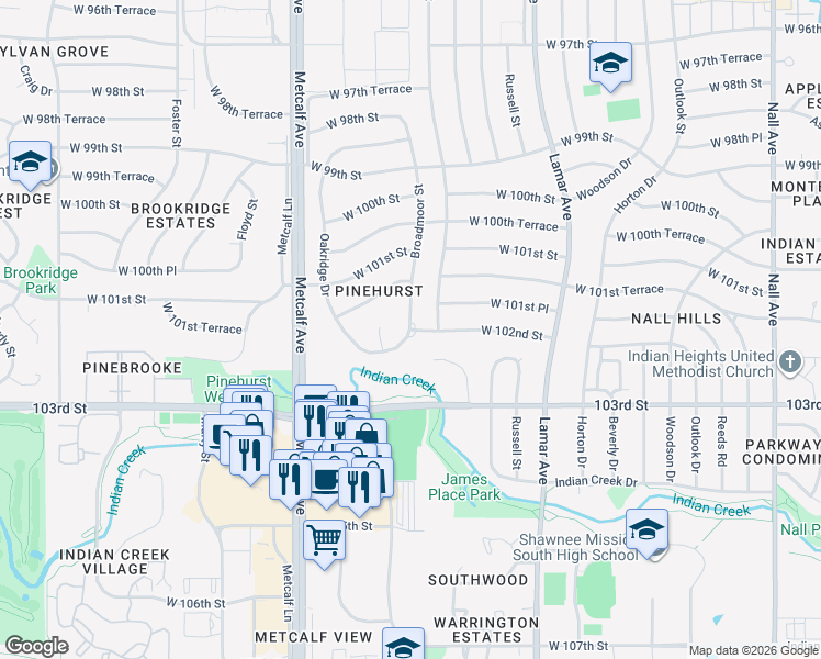 map of restaurants, bars, coffee shops, grocery stores, and more near 14631 Broadmoor in Overland Park