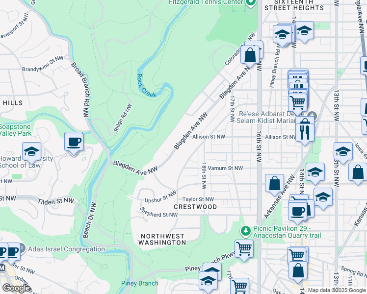 map of restaurants, bars, coffee shops, grocery stores, and more near 4331 Blagden Avenue Northwest in Washington