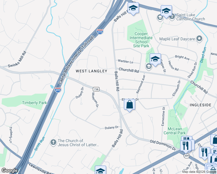 map of restaurants, bars, coffee shops, grocery stores, and more near 7302 Old Dominion Drive in McLean
