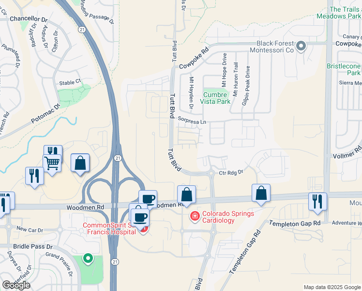 map of restaurants, bars, coffee shops, grocery stores, and more near 6115 Sorpresa Lane in Colorado Springs