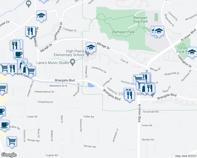 map of restaurants, bars, coffee shops, grocery stores, and more near 2374 Distinctive Drive in Colorado Springs
