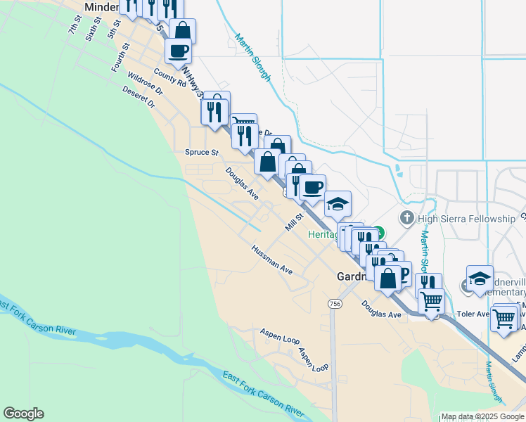 map of restaurants, bars, coffee shops, grocery stores, and more near 1481 Douglas Avenue in Gardnerville