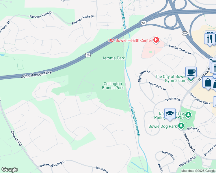 map of restaurants, bars, coffee shops, grocery stores, and more near 14511 Danforth Street in Bowie