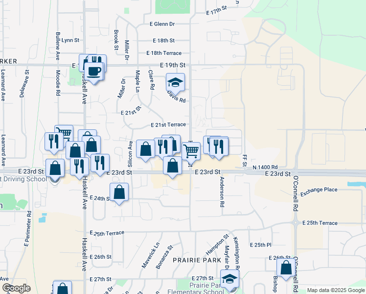 map of restaurants, bars, coffee shops, grocery stores, and more near 1617 East 22nd Street in Lawrence