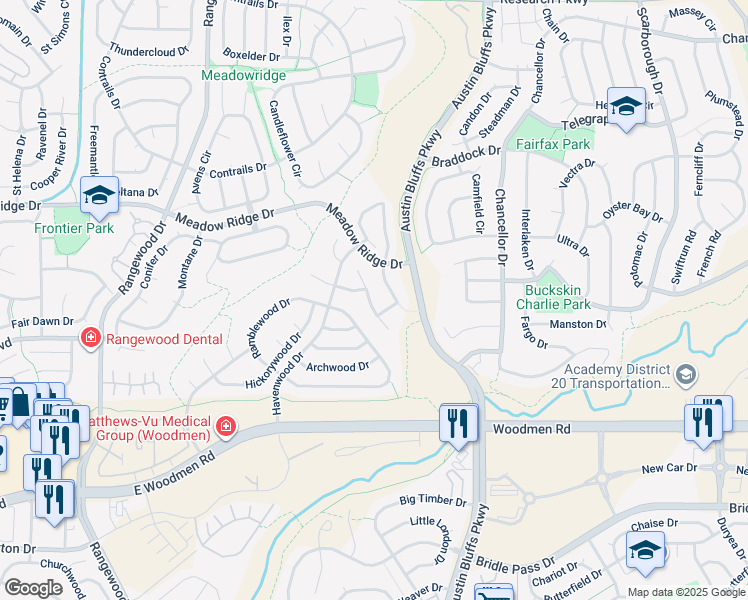 map of restaurants, bars, coffee shops, grocery stores, and more near 7790 Black Walnut Drive in Colorado Springs