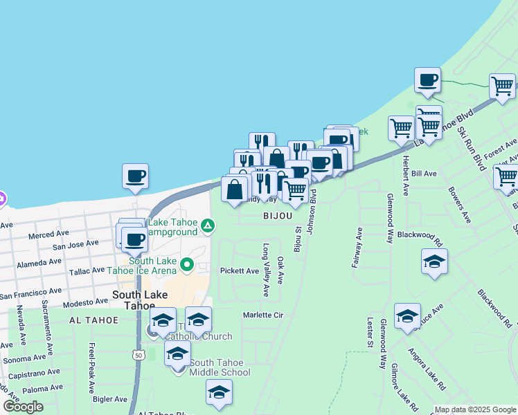 map of restaurants, bars, coffee shops, grocery stores, and more near 3344 Sandy Way in South Lake Tahoe