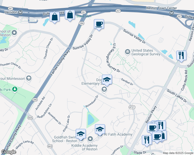 map of restaurants, bars, coffee shops, grocery stores, and more near 2200 White Cornus Lane in Reston
