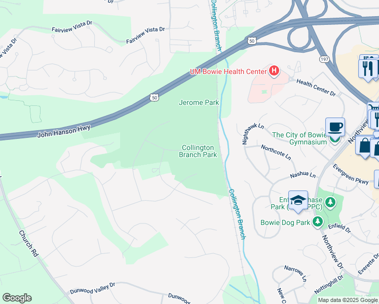 map of restaurants, bars, coffee shops, grocery stores, and more near 14511 Danforth Street in Bowie
