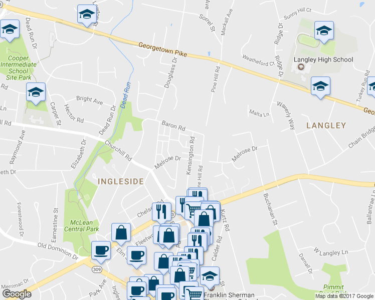 map of restaurants, bars, coffee shops, grocery stores, and more near 6725 Towne Lane Road in McLean