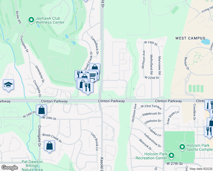map of restaurants, bars, coffee shops, grocery stores, and more near 3224 West 22nd Terrace in Lawrence