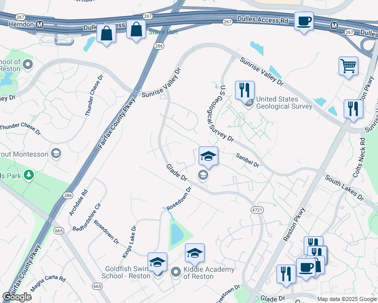 map of restaurants, bars, coffee shops, grocery stores, and more near 2200 White Cornus Lane in Reston