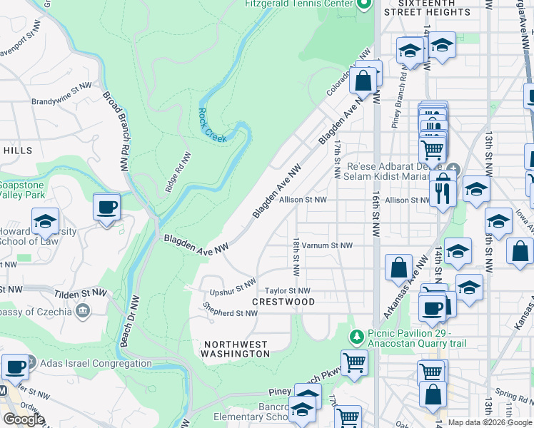 map of restaurants, bars, coffee shops, grocery stores, and more near 4331 Blagden Avenue Northwest in Washington