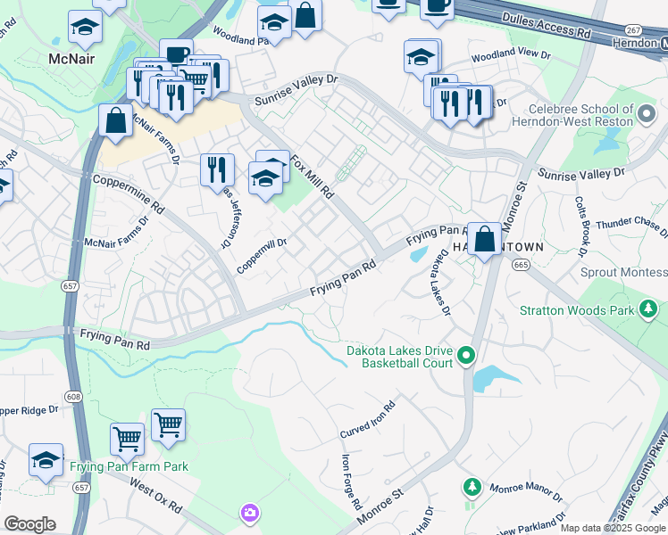 map of restaurants, bars, coffee shops, grocery stores, and more near 2401 Farm Buggy Court in Herndon