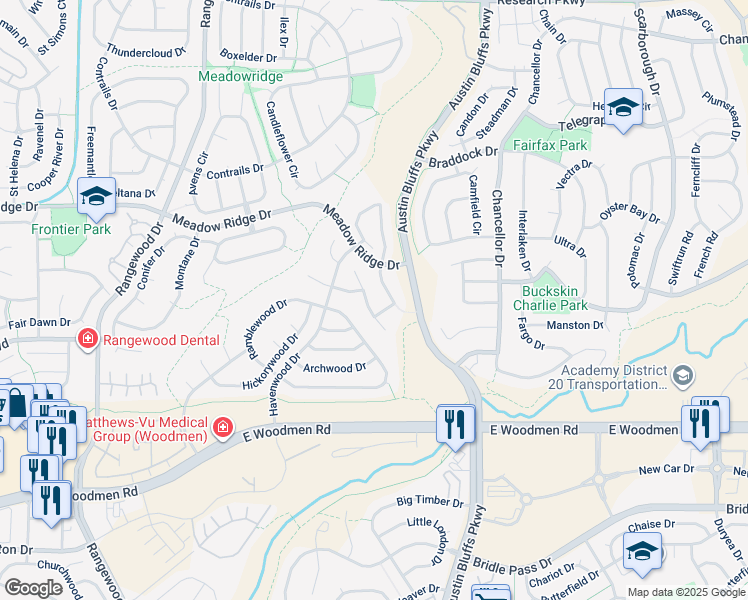 map of restaurants, bars, coffee shops, grocery stores, and more near 7821 Silver Maple Drive in Colorado Springs
