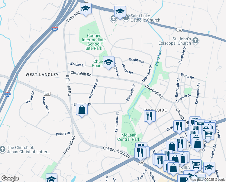 map of restaurants, bars, coffee shops, grocery stores, and more near 7017 Capitol View Drive in McLean