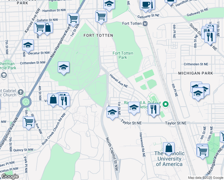 map of restaurants, bars, coffee shops, grocery stores, and more near 4424 1st Place Northeast in Washington