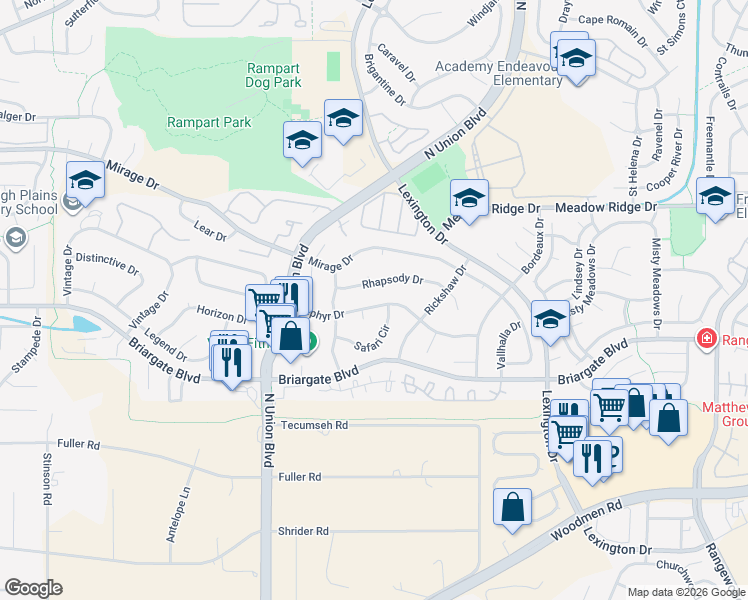 map of restaurants, bars, coffee shops, grocery stores, and more near 2960 Zephyr Drive in Colorado Springs