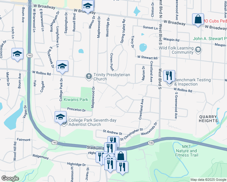 map of restaurants, bars, coffee shops, grocery stores, and more near 1400 Rollins Road in Columbia