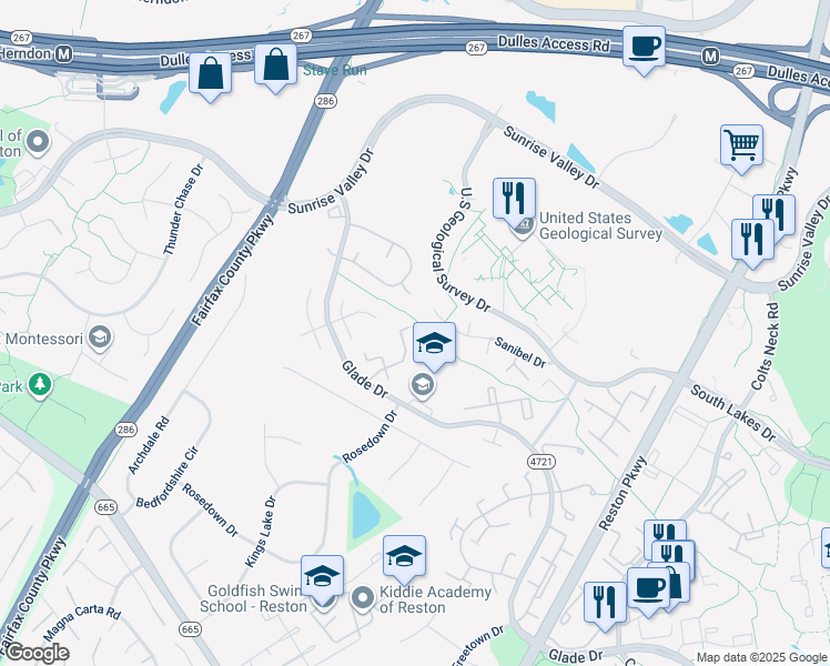 map of restaurants, bars, coffee shops, grocery stores, and more near 2177 White Cornus Lane in Reston