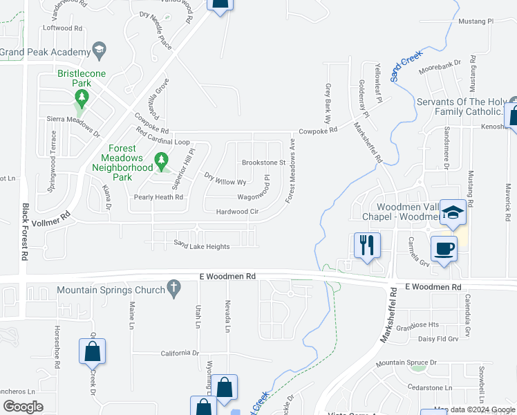 map of restaurants, bars, coffee shops, grocery stores, and more near 8325 Hardwood Circle in Colorado Springs