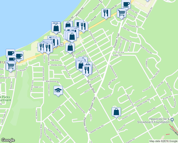 map of restaurants, bars, coffee shops, grocery stores, and more near 3670 Birch Avenue in South Lake Tahoe