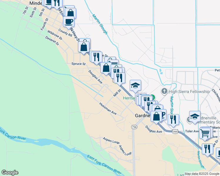map of restaurants, bars, coffee shops, grocery stores, and more near 1481 Douglas Avenue in Gardnerville