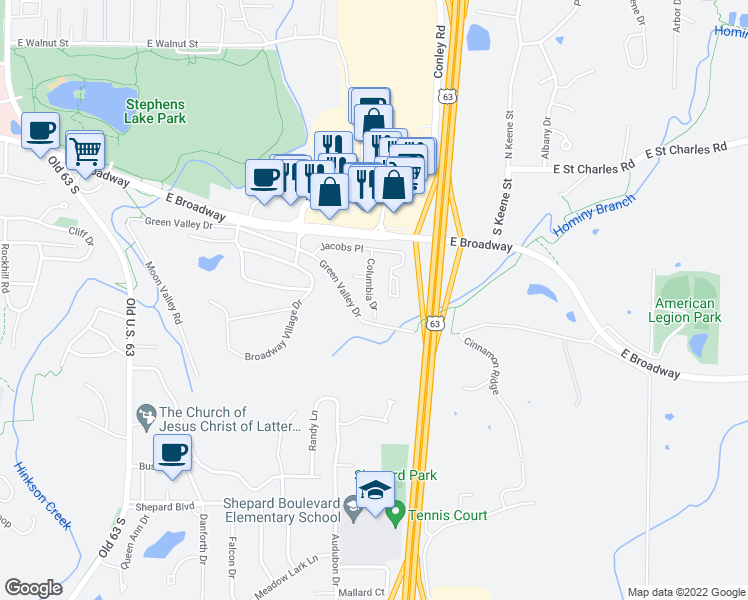map of restaurants, bars, coffee shops, grocery stores, and more near 506 Columbia Drive in Columbia