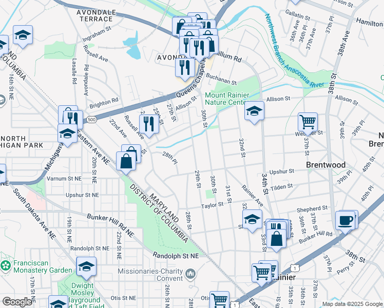 map of restaurants, bars, coffee shops, grocery stores, and more near 4402 29th Street in Mount Rainier