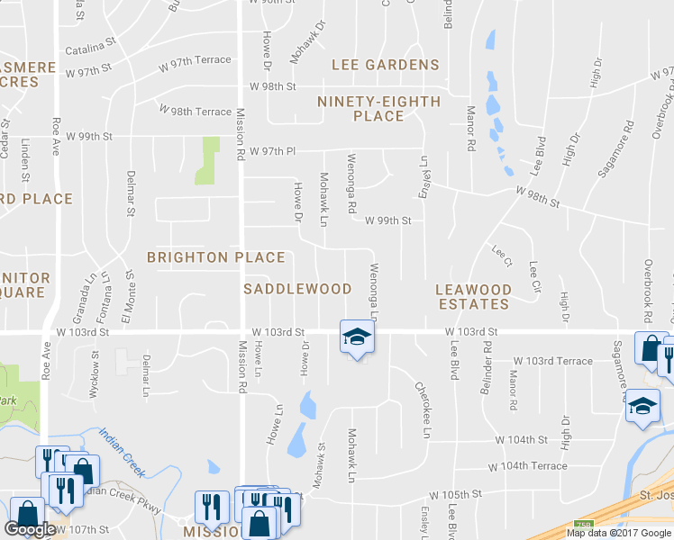 map of restaurants, bars, coffee shops, grocery stores, and more near 10108 Pawnee Lane in Leawood